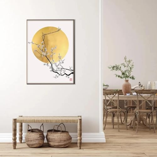 BMGKYAGL Póster con estampado de flor de cerezo y sakura de luna dorada, paisaje oriental asiático, decoración minimalista moderna zen Feng Shui, marco de 20 x 30 cm