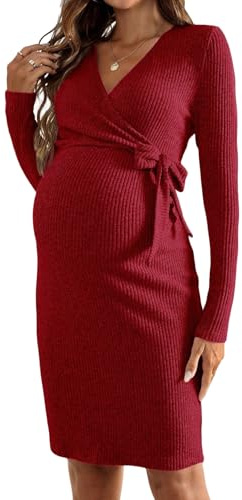 GORGLITTER Vestido de maternidad para mujer, de punto, manga larga, con cierre frontal, largo hasta la rodilla, cuello en V, corto, para otoño, rojo, M