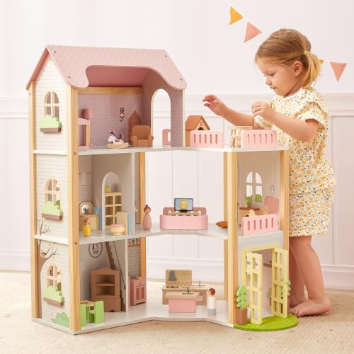 OOOK Puppenhaus Holz, Puppenhaus ab 3 Jahre Mädchen mit 60 Möbel Zubehör, 3-stöckiges Holzpuppenhaus Groß mit 4 Puppen und 2 Haustieren, Wooden Doll House for Girls | 4 Puppen und 2 Haustiere, großes 3-stöckiges Puppenhaus mit 6 Zimmern, Puppenhaus für Mädchen Jungen ab 3 Jahren
