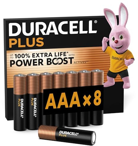 DURACELL Batterie Plus AAA (Confezione da 8) – Batterie Alcaline da 1,5 V – Fino al 100% di durata extra con Attivi POWER BOOST – Affidabilità per i dispositivi di utilizzo quotidiano - MN2400