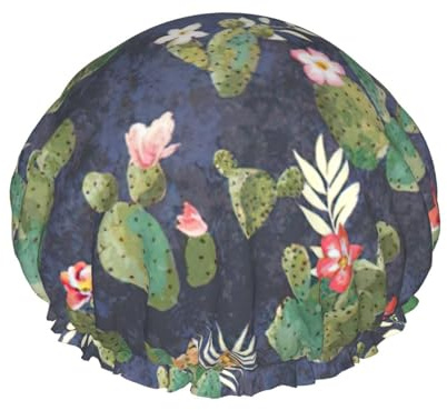 Watercolour Cactus Print Lightweight And Elasticated Waterproof Shower Cap, Double Layer Waterproof Hair Cap