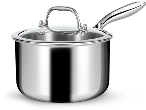 EWFEN 3 Ply Stainless Steel Saucepan with Lid, 2 Quart Multipurpose Cooking Pot, Stay-Cool Handle, Induction Oven Dishwasher Safe, 2 QT