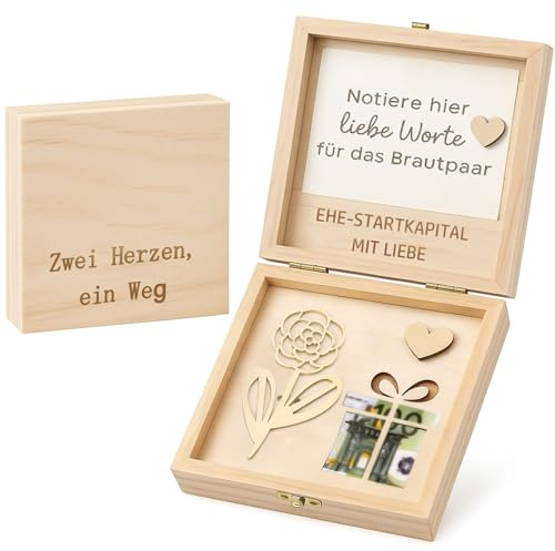 Geldgeschenk Hochzeit Holzbox mit Holzblume & Sichtfenster – Hochzeitsgeschenk für Brautpaar – Geschenkbox mit 6 Aufklebern zum Befestigen von Geld oder Karte