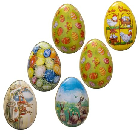 DIKACA 6pcs Easter Egg Shaped Metal Candy Boxes Set, Portable Treat and Snack Containers for Easter Party Favors, Cookie Storage Holder Cartoon Design
