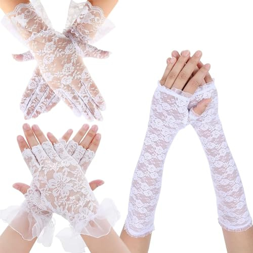 Rbleote 3 Pares Guantes de Encaje Blanco, Guante Encaje Blanco Cortos y Largos sin Dedos + Guantes Cortos Lace, Lace Gloves Elegantes para Mujer para Boda, Fiesta, Disfraces
