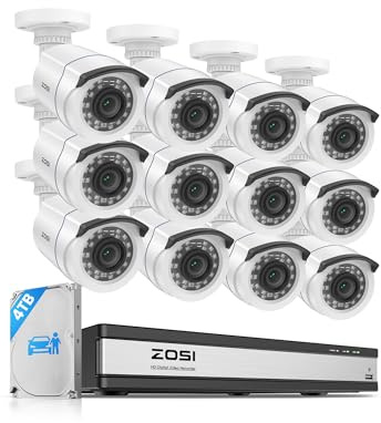 ZOSI Kit Cámaras de Vigilancia (12) 2MP Cámara de Seguridad Exterior con 16CH 1080p H.265+ CCTV Grabador DVR y 4TB Disco Duro, Visión Nocturna, Alarma de Movimiento