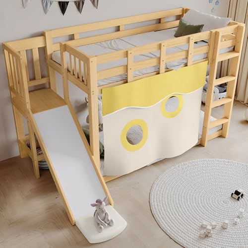 vutizal Letto a castello con scivolo e scale per bambini | Letto a soppalco 90 x 200 cm in natura con tenda da letto e protezione anticaduta perimetrale | In legno massello e MDF, per materassi fino a