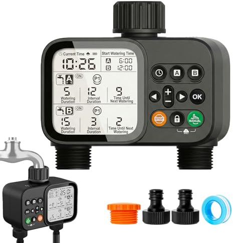 Ordinateur d'irrigation à 2 sorties, minuteur d'arrosage de jardin avec entrée en laiton, système d'irrigation, écran de contrôle de l'arrosage, retard de pluie, minuterie automatique pour le jardin