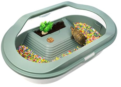 Terrarium pour reptiles – Réservoir spacieux pour habitat de tortue avec drainage inférieur, plate-forme surélevée pour se prélasser, couvercle transparent sécurisé | Configuration optimale de la boît