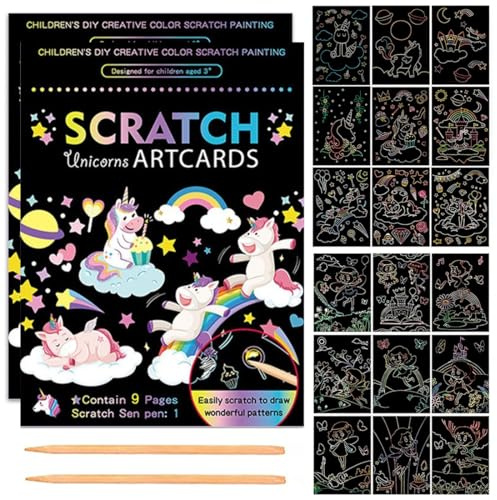 GYCAQAC Kratzbilder Kinder, 18 Stück, mit 2 Holzstifte Kratzbücher Kratzblock, Kratzpapier-Notizblock, Kratzbilder, Scratch Art Notebook, für Erwachsene Kinder, Kleine Geschenke, 135 x 185 mm
