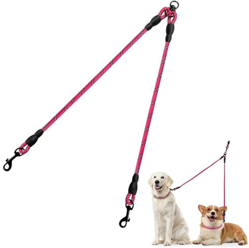 Taglory Double Laisse pour Chien/Séparateur de laisses pour Deux/Aucun embrouillement/Corde d'escalade/Convient aux Petits, Moyens et Grands Chiens/Rose