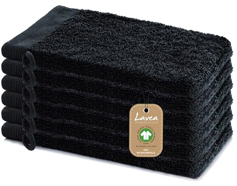 Lavea® 6er Set Waschlappen 16 x 22 cm, Bali Waschhandschuhe Frottee, Waschandschuhe für Gesicht und Körper, kleine Handtücher, 100% GOTS Bio-Baumwolle, Premium Frottier Gesichtshandtücher, Schwarz
