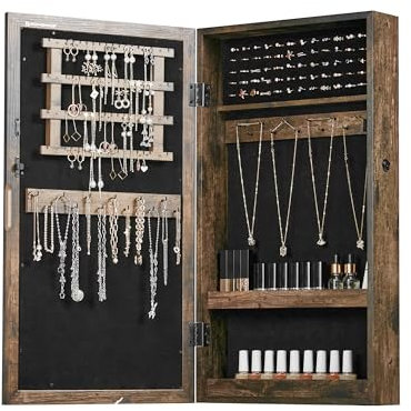 SONGMICS Armadietto Portagioie da Parete, Specchiera Portagioielli con Serratura, Organizzatore per Gioielli con Specchio, Salvaspazio, Regali Natale, Esterno Marrone Vintage, Interno Nero JJC051K01