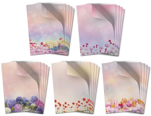 Briefpapier Blumen Foto Mix A4 Set | Motivpapier beidseitig bedruckt, Papier 50 Blatt | Premium Druckerpapier hochwertig | edles florales Schreibpapier für Hochzeit, Einladungen - 90 g/qm lila rosé