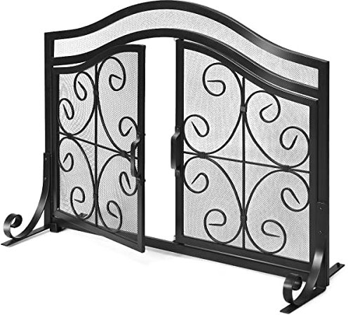 TANGZON Fireplace Screen, Spark Protection Fire Guard with Double Doors, Handles & Extended Support Legs, Indoor Outdoor Mesh Spark Flame Barrier Fire Panel（with 2 Hinged Doors,112 x 38 x 85cm）