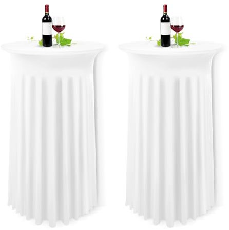 YMHPRIDE 2er-Set Weiße Stehtisch Hussen Stretch Stehtisch Tischdecke mit Rock, 80×110cm Runder Cocktail-Tischrock, Bistrotisch-Bartisch-Abdeckung für Party, Hochzeit, Banketttisch