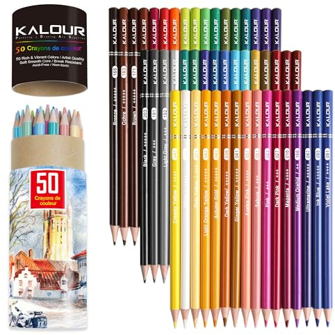 KALOUR Matite Colorate, Set da 50 Colori, Cuore Morbido per Artisti con Colori Vivi, Ideale per Sovrapposizioni, Sfumature e Ombreggiature, Matite Colorate per Adulti e Principianti