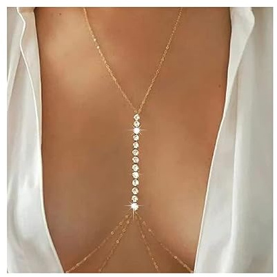 Cubahop Sparkle Crystal Chest Chain Bra Bikini Chain Harness Body Chain Summer Beach Nightclub Jewelry Adjustable for Women and Girls (Gold)