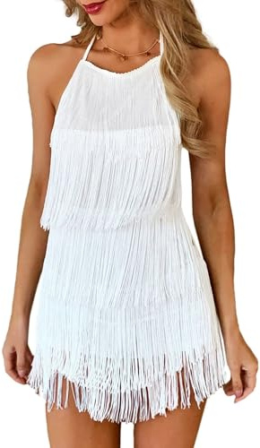 EVELUST Women Country Concert Fringe Dress - Western Cowgirl Outfit Festival Romper(White,S,1074e)