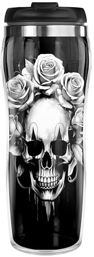 Pixly® Mug isotherme de voyage motif tête de mort et roses, 400 ml, cadeau amusant pour lui et elle