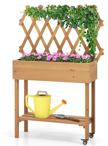 HOMASIS Jardinière Surélevé d'Extérieur avec Etagère, Carré Potager sur Pied avec Grille en Bois Massif, Parterre de Fleurs avec roulettes pour Balcon, Jardin, Cour, 90 x 29 x 129 cm, Naturel
