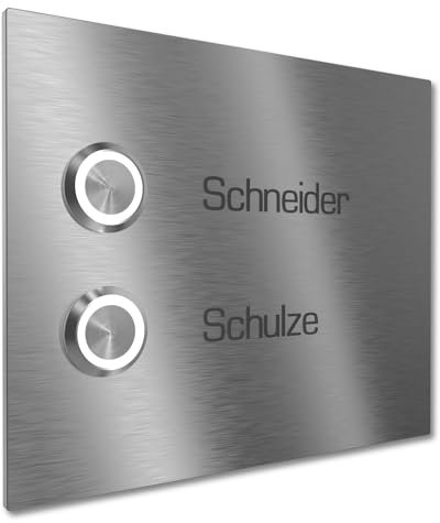 Graviers Design Mehrfamilien Türklingel mit LED Klingeltaster 2 Namen Gravur - V2A Edelstahl Klingel 140x115 mm - Unterputz wählbar Aufputz für Haustür Zweifamilienhaus