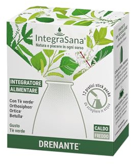 Integrasana - Integratore solubile, Gusto tè verde, Confezione da 12 stick da sciogliere in acqua fredda o calda. Favorisce il drenaggio dei liquidi corporei.