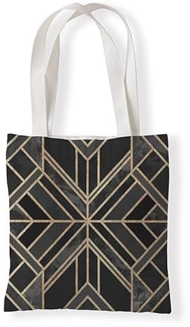 Jutebeutel Geometrie Schwarzem Gold Stoffbeutel Canvas Wiederverwendbare Beuteltasche Damen Kinder Büchertasche Einkaufsbeutel mit Henkeln Stofftasche Waschbar Tote Bag 33x37 cm