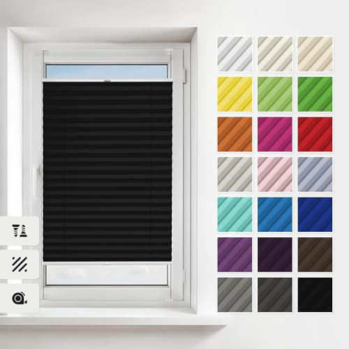 Estika Plissee mit Bohren 85x180 cm Farben: Schwarz Verdunkelung und plissee zum anschrauben für Fenster, in verschiedenen Blickdicht erhältlich mit Montagezubehör