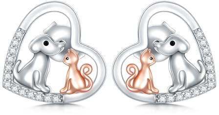 CUPENDA katter hundar örhängen 925 sterlingsilver hjärta örhängen djur smycken gåvor kvinnor, Ingen ädelsten