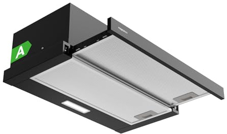 magicplux Hotte aspirante Téléscopique 60 cm Noir – 370 m³/h, Classe A, Éclairage LED, 60/65 dB, Extraction & Recyclage, Filtre à Charbon Inclus