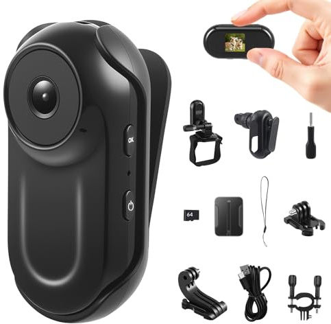 ExKeen Mini Camara Deportiva 1080P, 64 GB Cámara de Acción Portátil, 130° Cámara para Casco de Moto, Camara Moto para Deportes Exteriores y Equitación, Cámara Corporal para Vlog de Bicicleta Moto