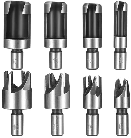 8 Pcs Wood Plug Cutter Set Wood Dowel Holes Plugs Cutters Round Shank Carbon Steel Claw & Tapered Drill Bits Set Cork Drill Hole Saw Tool HSS Tenon Drill Bits Cutter for Creating Hidden Dowel Joints
