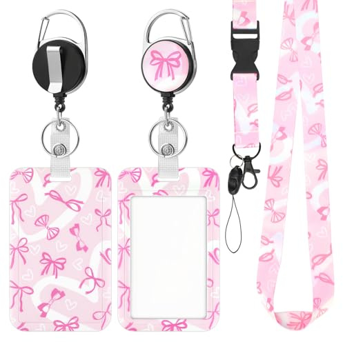 Fashionable Sliding Badge Holder, Bow Tie Print Lanyard with Card Holders Pink Detachable Card Holder with Retractable Badge Reel Cute Breakaway Lanyards for Office Worker Teacher Student Nurse