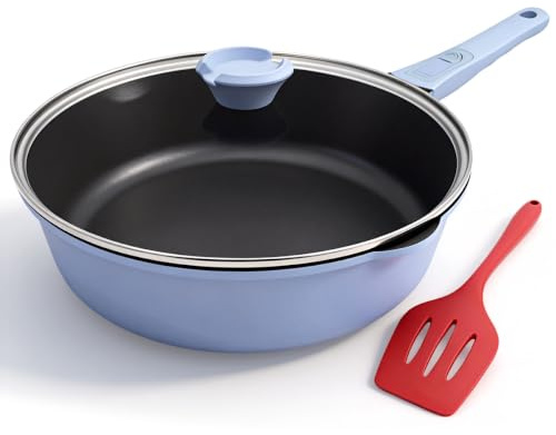 Bobikuke Pfanne 28cm mit Deckel, Aluminium Bratpfanne Hoher Rand -Blau | mit Abnehmbarer Griff, Schmorpfanne 28cm für alle Herde|Anti-Kratzer|Antihaft