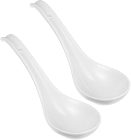 HOMOCONO 2 Stück Keramik Löffel Kleine Multifunktionale Suppenlöffel und Dessertlöffel Weiß Glatte Oberfläche Hitzebeständig für Suppe Ramen Pasta Sicherer Keramischer Esslöffel