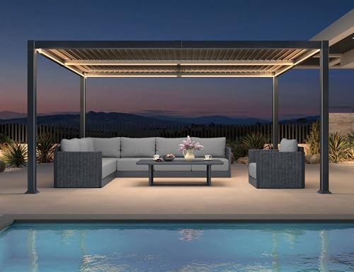 PURPLE LEAF Pergola Bioclimática 3,5 x 4,6 m de aluminio con LED, pérgola jardín exterior con cuchillas orientables, impermeable y duradero, cenador de jardín al aire libre para terraza y cochera