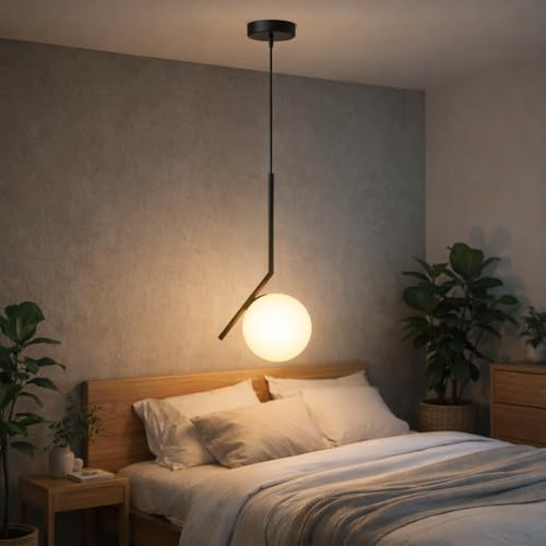 BARCELONA LED Pendellampa Glaskula E27, Metallisk Lampkropp i Aluminium med Opal Glasskärm, Nordisk Modern Japansk Industriell och Klassisk Taklampa för Vardagsrum och Kök Svart