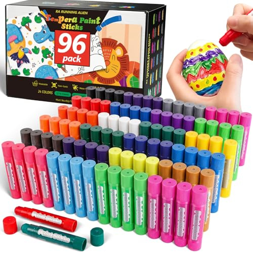 Confezione da 96 bastoncini di vernice a tempera, 24 colori atossici per bambini, non sporca, asciugatura rapida, lisci e lavabili, funzionano alla grande su carta, legno, vetro, ceramica, tela