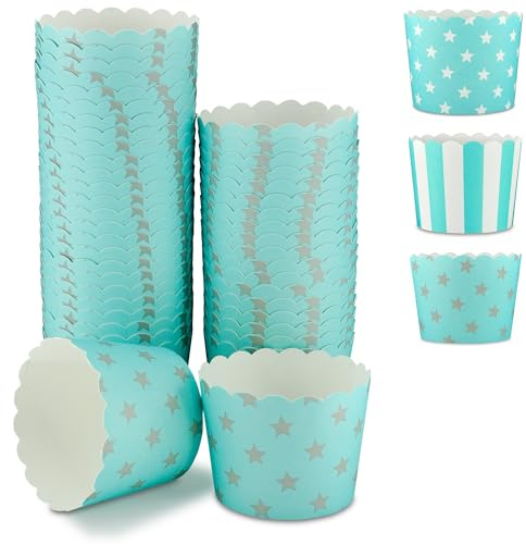 Frau WunderVoll® 50 Muffin Backformen türkis Mint, graue Sterne, Durchmesser 5 cm/Muffins Muffinbackform Muffinform Form Backförmchen Cupcake Formen Förmchen Papier Cupcakeformen