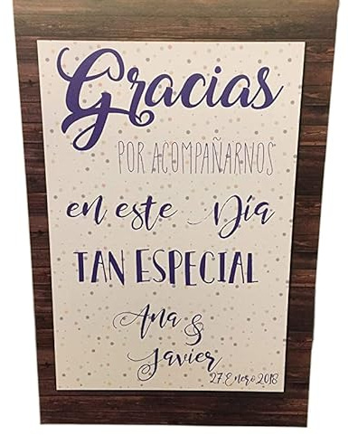 Cartel Bienvenidos a nuestra Boda, gracias por acompañarnos en tonos azul y madera, con fondo de confeti