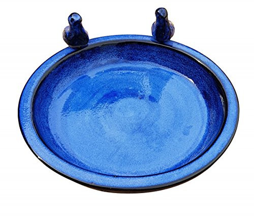 Fachhandel Plus | Vogeltränke Oasis aus glasierter Keramik, Ø 30 cm | mit Deko-Vögeln, Winterfest, Farbenfrohe Gartendeko & Wasserstelle für Vögel