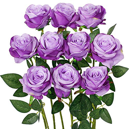 Luyue 10PCS Artificial Roses Flower with Stems Slik Fake Flowers Bouquet Realistic Long Stem Faux Rose for Valentines Day Wedding Home Decor