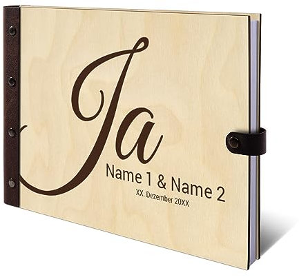 Personalisiertes Hochzeit Gästebuch echtes Holz DIN A4 Hochzeitsbuch mit Lasergravur - Ja - mit 72 Blatt / 144 Seiten Naturpapier Weiß