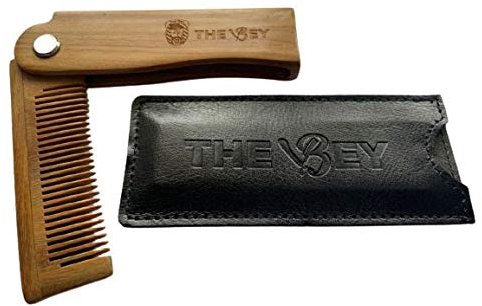 Pettine in legno di sandalo, per la cura della barba e dei capelli, pieghevole e custodia in pelle