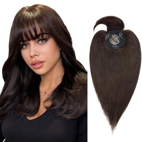 Silk-co Topper Extensions Haarteile Echthaar Clip in Extensions Echthaar Weich Natürlich Glatt Toupet Haarverlängerung mit Pony(11cm lang) 7A Remy Haare 45cm-45g 02# Dunkelbraun