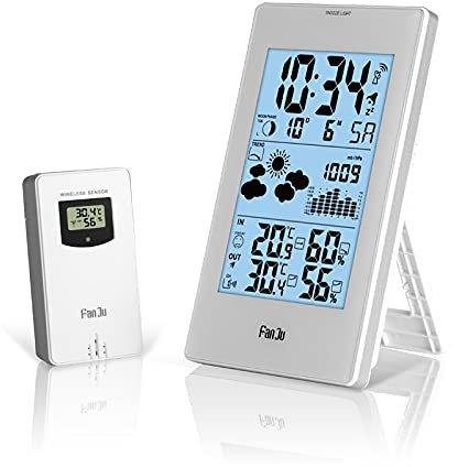 jiande Estación meteorológica colgable Inalámbrico, Reloj controlado por Radio Termómetro de Temperatura para Exteriores, Humedad, Presión barométrica, Alerta de Hielo, Reloj Despertador