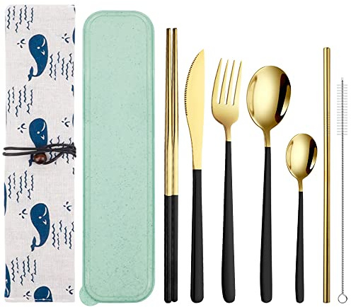 QLFJ-FurDec 9 stycken campingbestick, bärbart bestickset av rostfritt stål, inklusive kniv, gaffel, pinnar, skedar, sugrör, sugrör, förvaringslåda, förvaringspåse (mörkgrön)