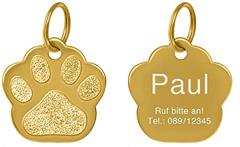 Hundemarke mit Gravur personalisiert Edelstahl Name Pfote Klein Gold | hochwertige Tiermarke, Premium Lasergravur, Telefonnummer, Adresse, Pfotenform, mit Schlüsselring, modern