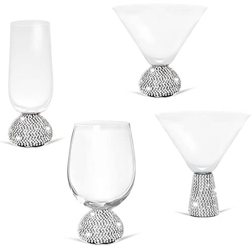 QTKJ Wine Glasses, Martini Glasses, Glass Cups Handmade Studded Rhinestone Base, Elegant Champagne Flutes Wine Glass Cocktail Glasses, Margarita Glasses Set of 4（Silver）